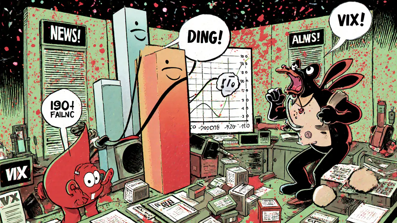 Animated newsroom shows earnings, yield curve, inventory, and VIX characters converging.