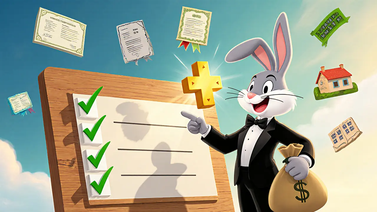 Rabbit investor points to a golden cross on a checklist surrounded by cartoon assets.