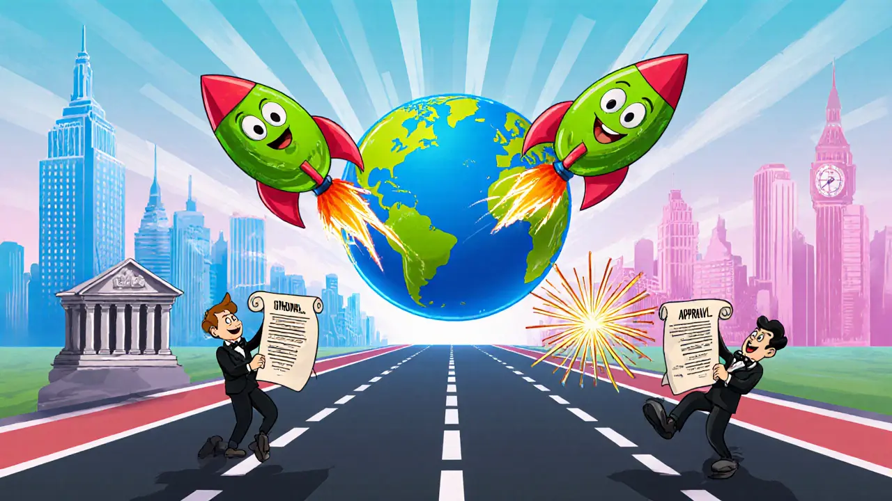 Animated money rockets race over a globe as banks exchange smart contracts.