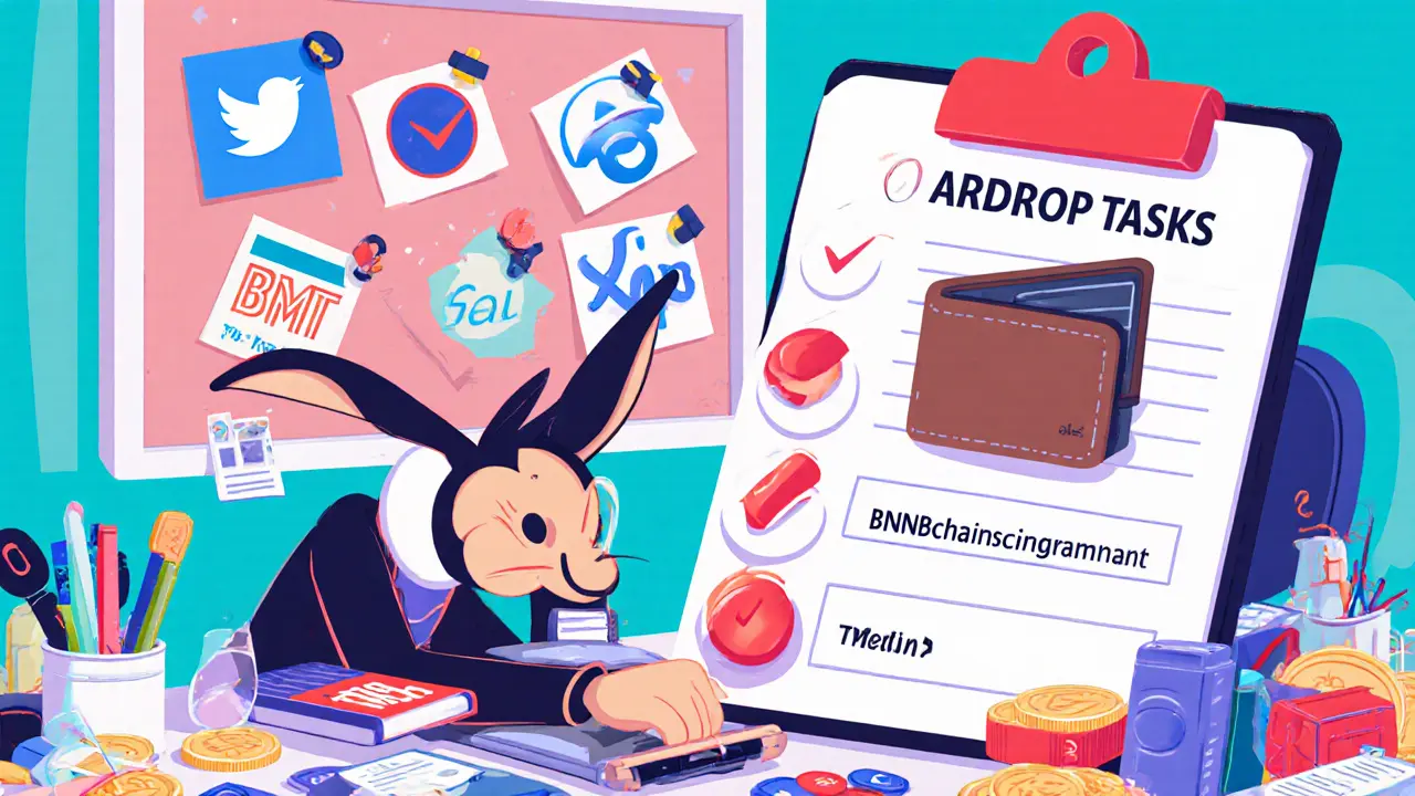 Cartoon character completing airdrop tasks with social media icons and wallet address.