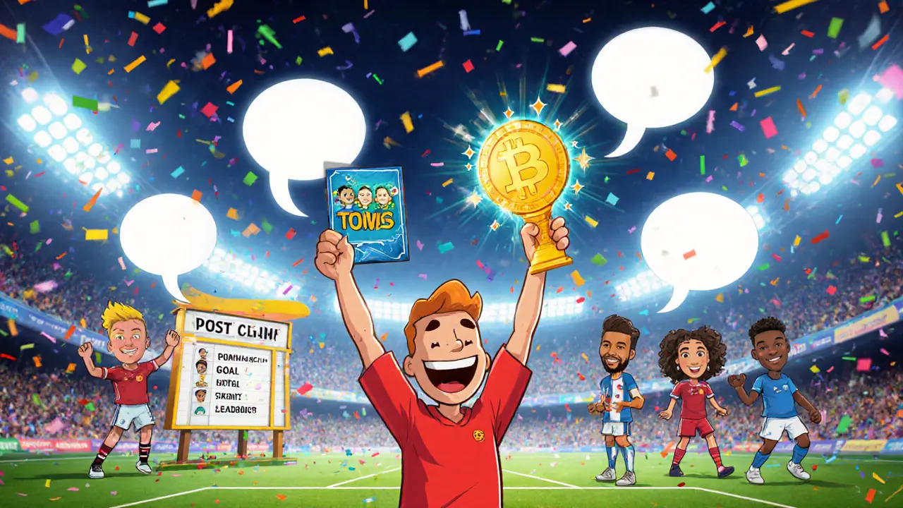 Fan celebrating with NFT card in a vibrant virtual stadium, showing staking and rewards.