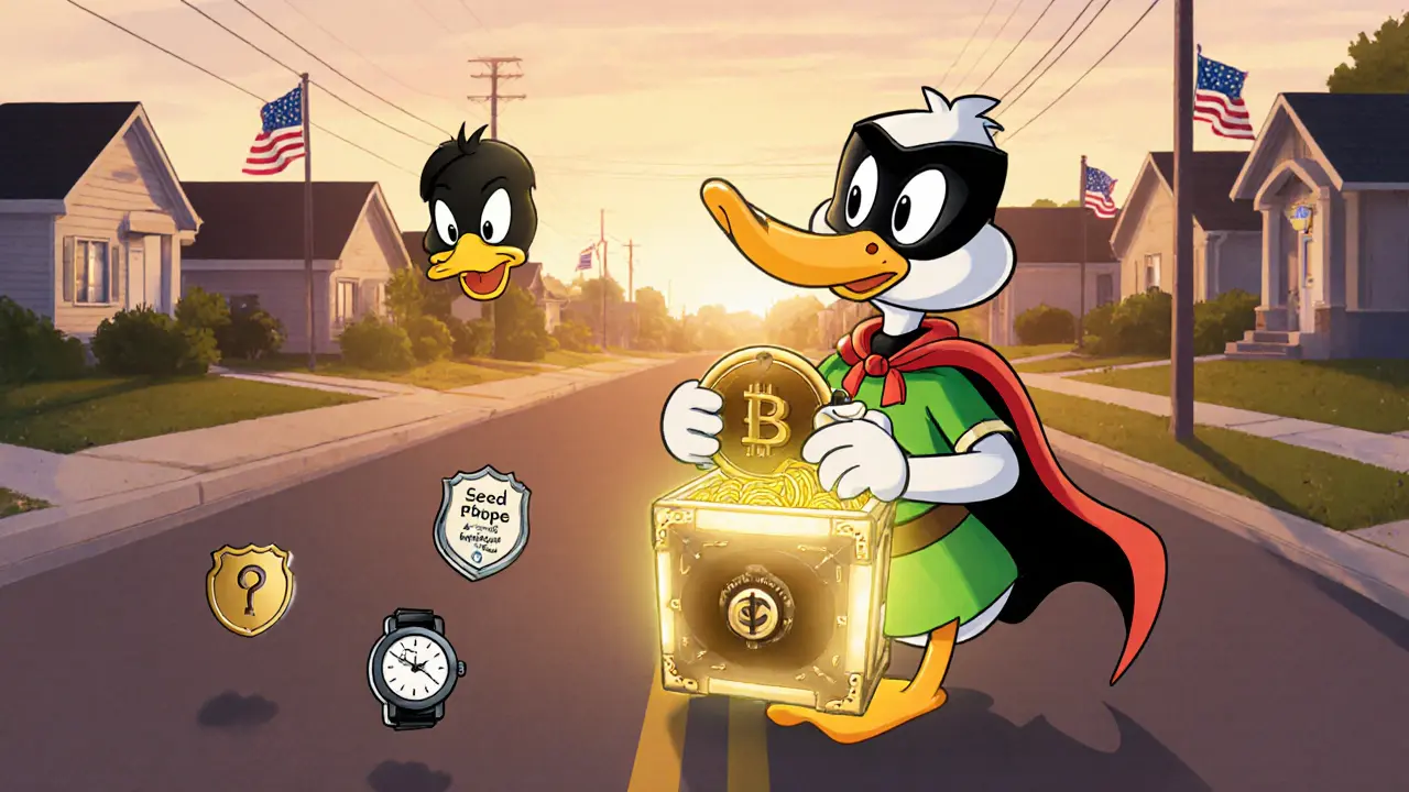 Superhero duck storing privacy coins securely with tor mask and regulatory symbols.