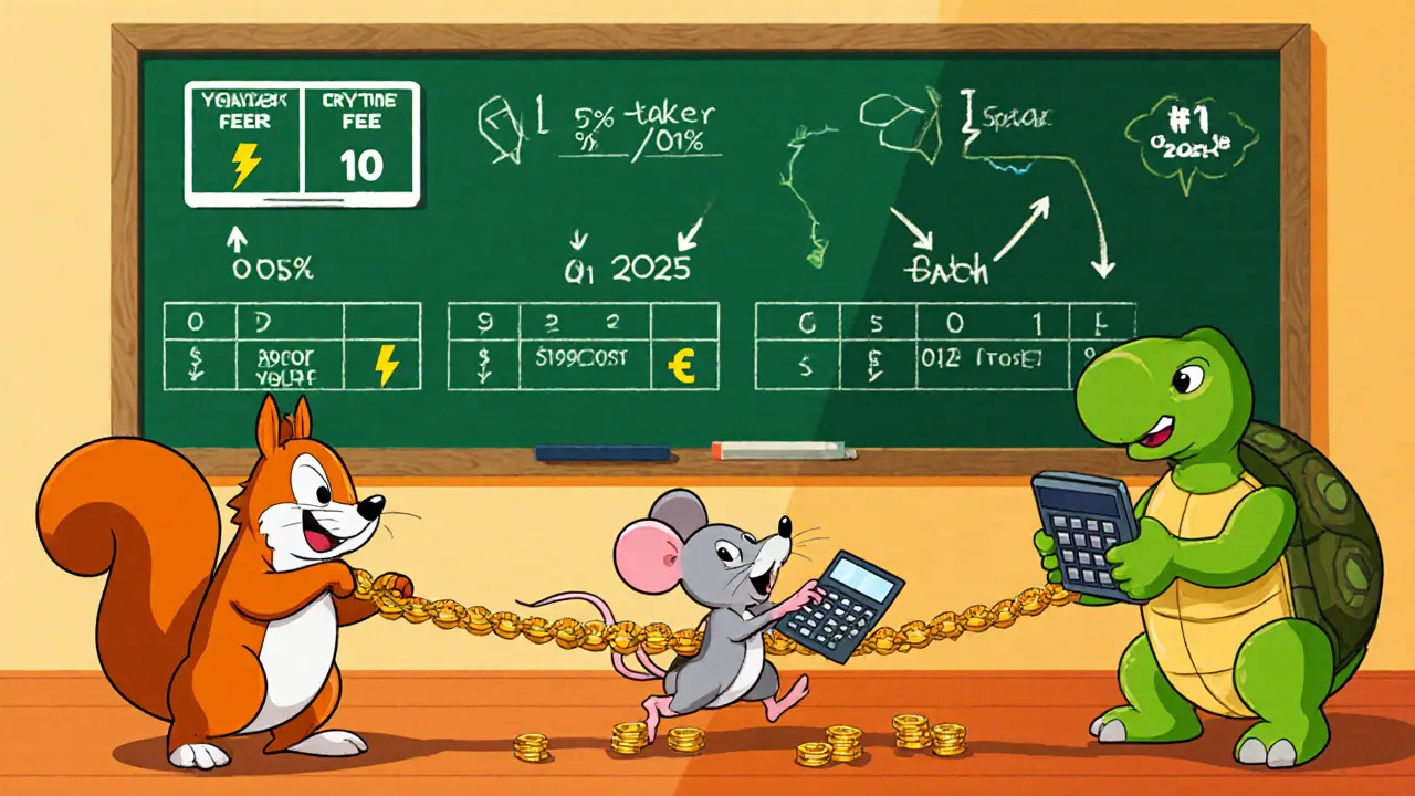 Animated trading floor with animals tugging a rope of coins, showing maker‑taker fees and 82 crypto symbols.