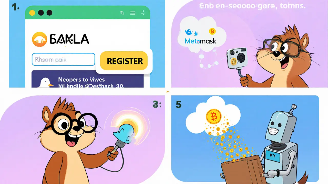 Animated user completes registration, social actions, KYC, and receives KALA tokens from a smart contract cloud.