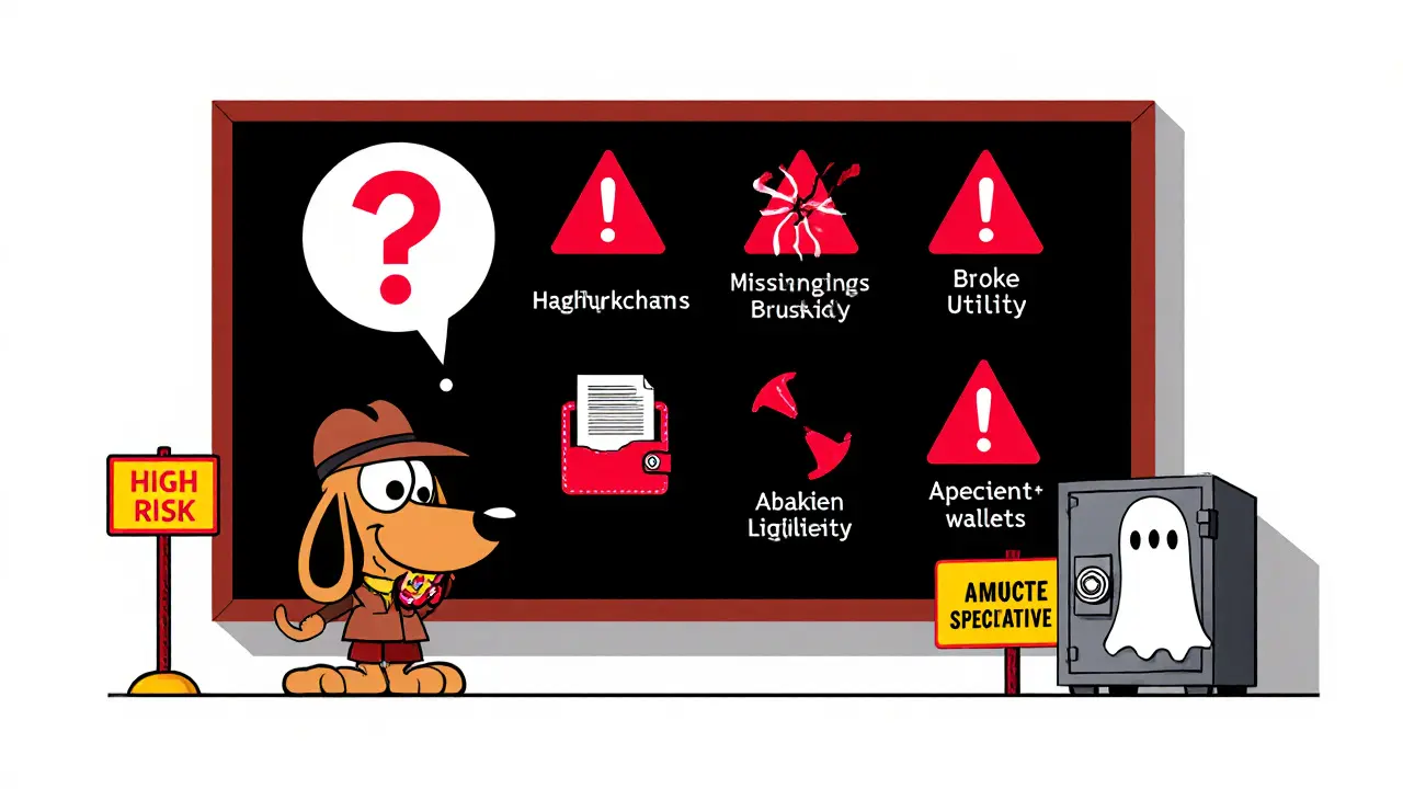Cartoon detective points to a blackboard of red‑flag icons warning of high‑risk token.