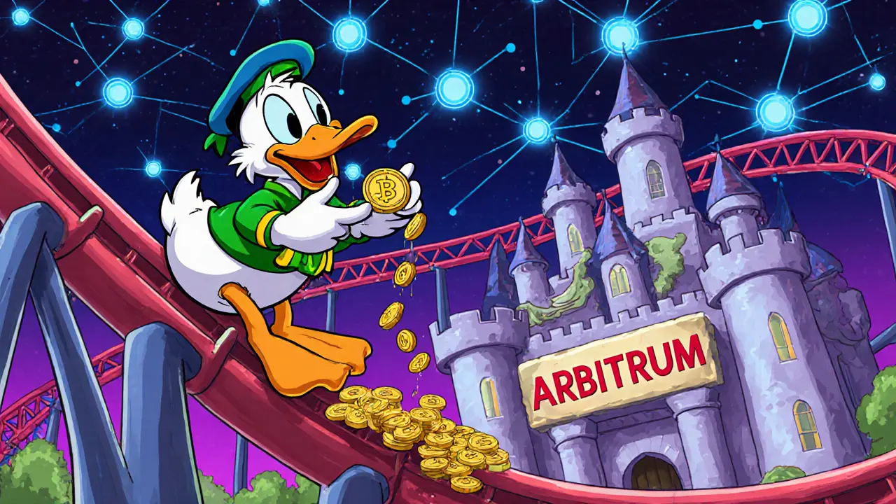 Cartoon duck trader rides an Arbitrum roller coaster around a Camelot castle with thin coin flow.