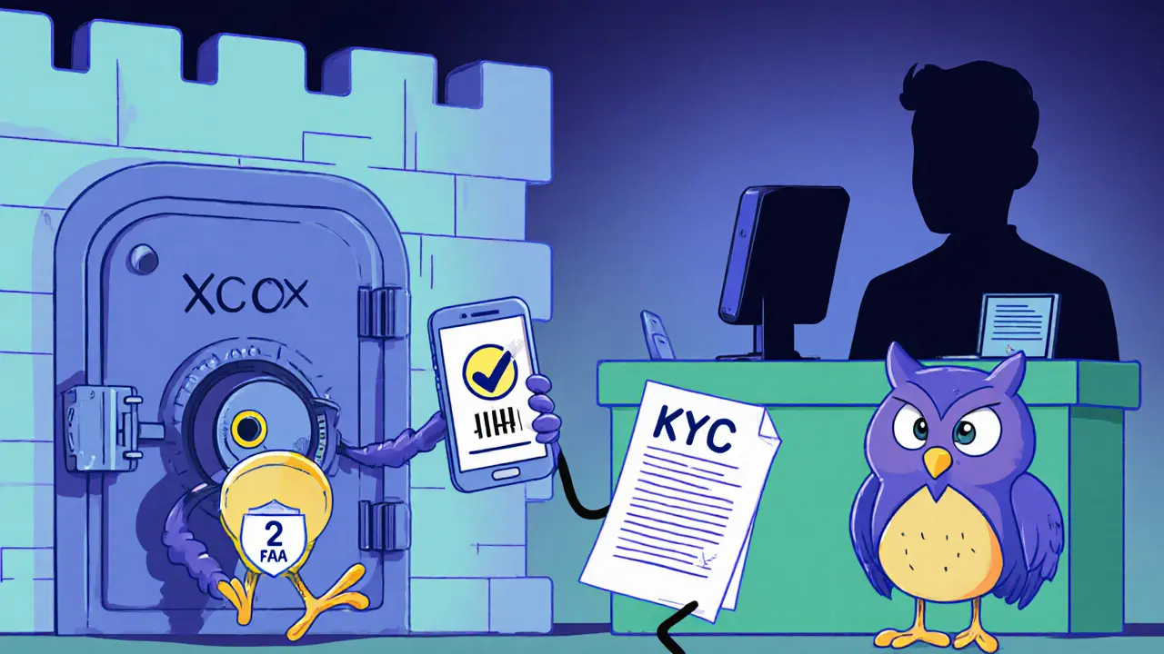 Cartoon fort showing XCOEX security: vault, owl guard, 2FA phone, and KYC document.
