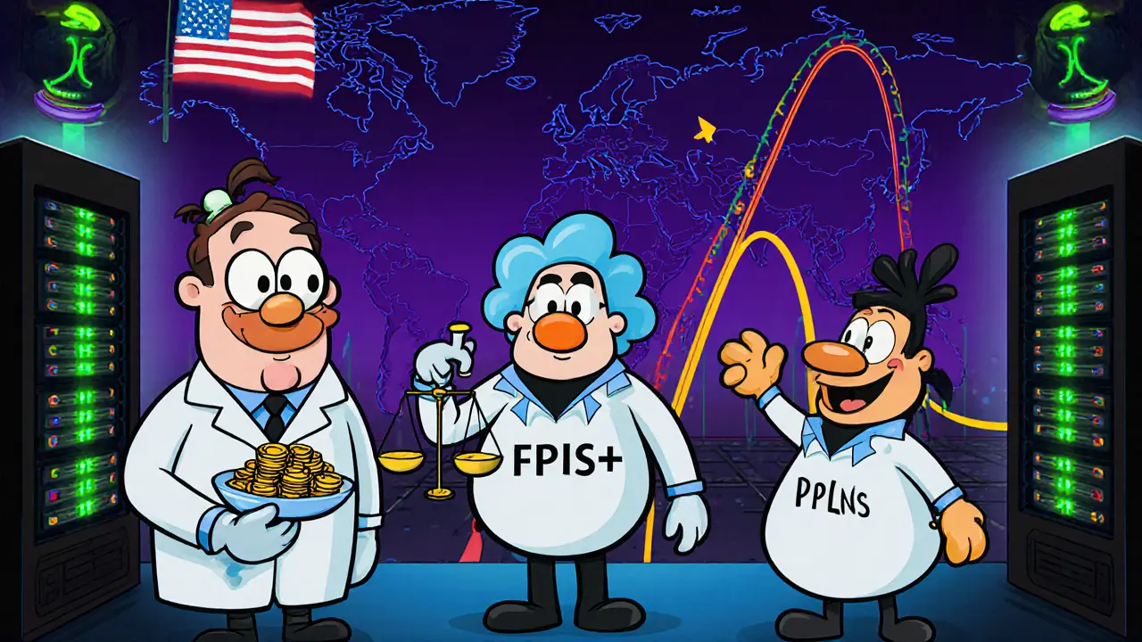Cartoon lab shows three payout characters (FPFS, PPS+, PPLNS) with a scientist, servers, and a world map indicating latency.