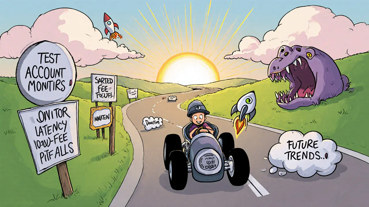 Cartoon miner drives an ASIC car on a road with signs for testing, switching pools, and future trends.