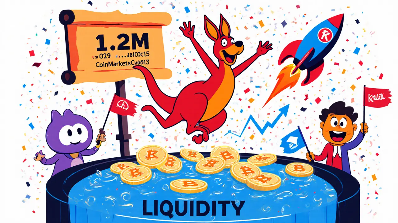 Celebration scene with a kangaroo leaping over a KALAâfilled liquidity pool, Discord/Telegram icons, and a rising chart.
