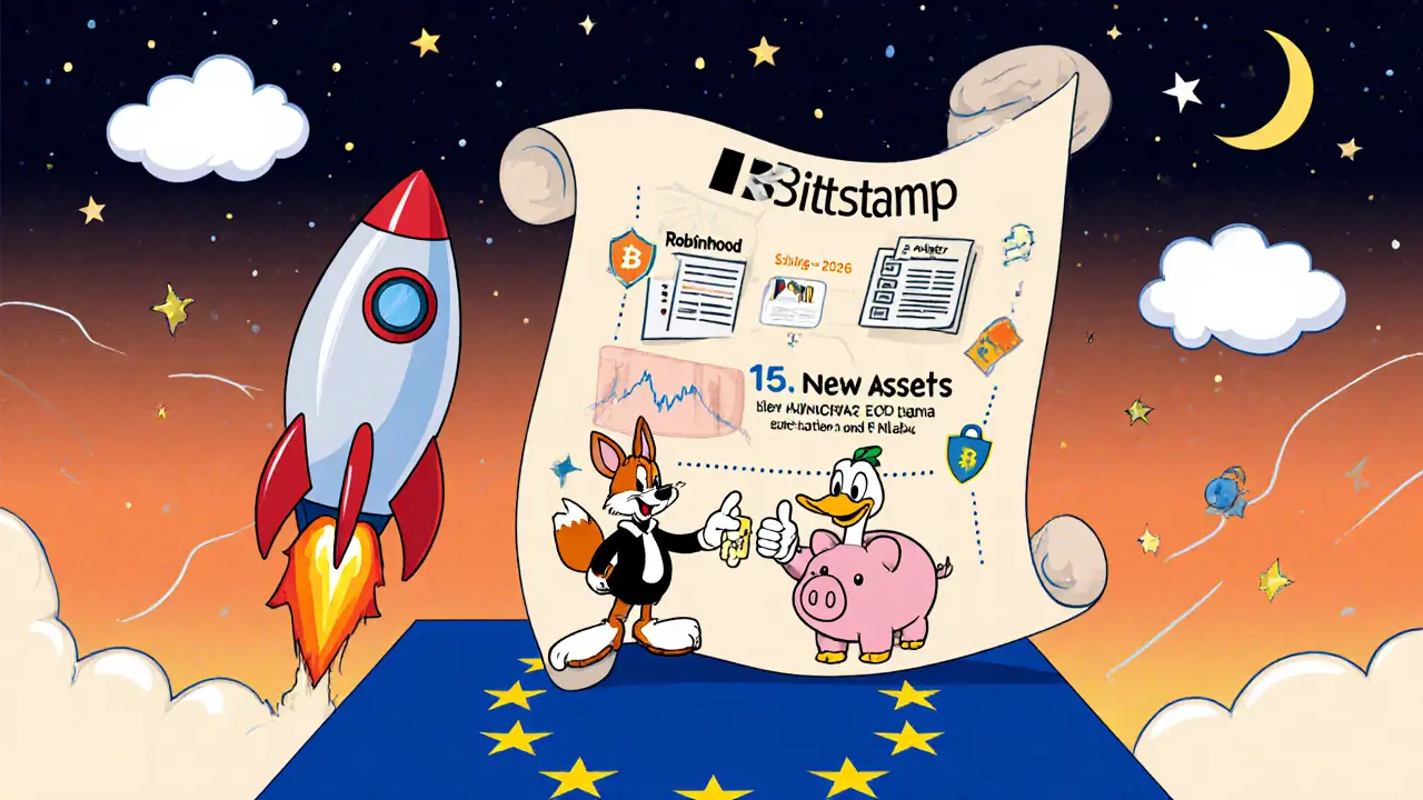 Looney Tunes rocket labeled Bitstamp launching, aided by Robinhood characters, with roadmap milestones.