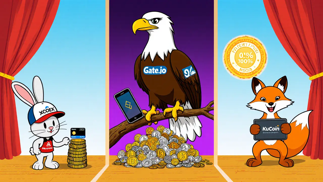 Three cartoon exchange characters (bunny, eagle, fox) illustrating XCOEX, Gate.io, KuCoin differences.