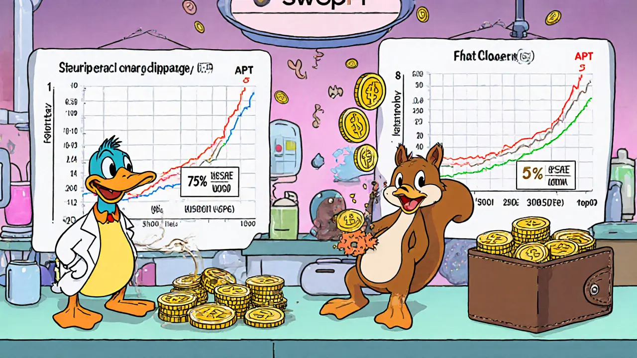 Animated lab shows Swop.fi flat formula vs constant product and SWOP token rewards raining.