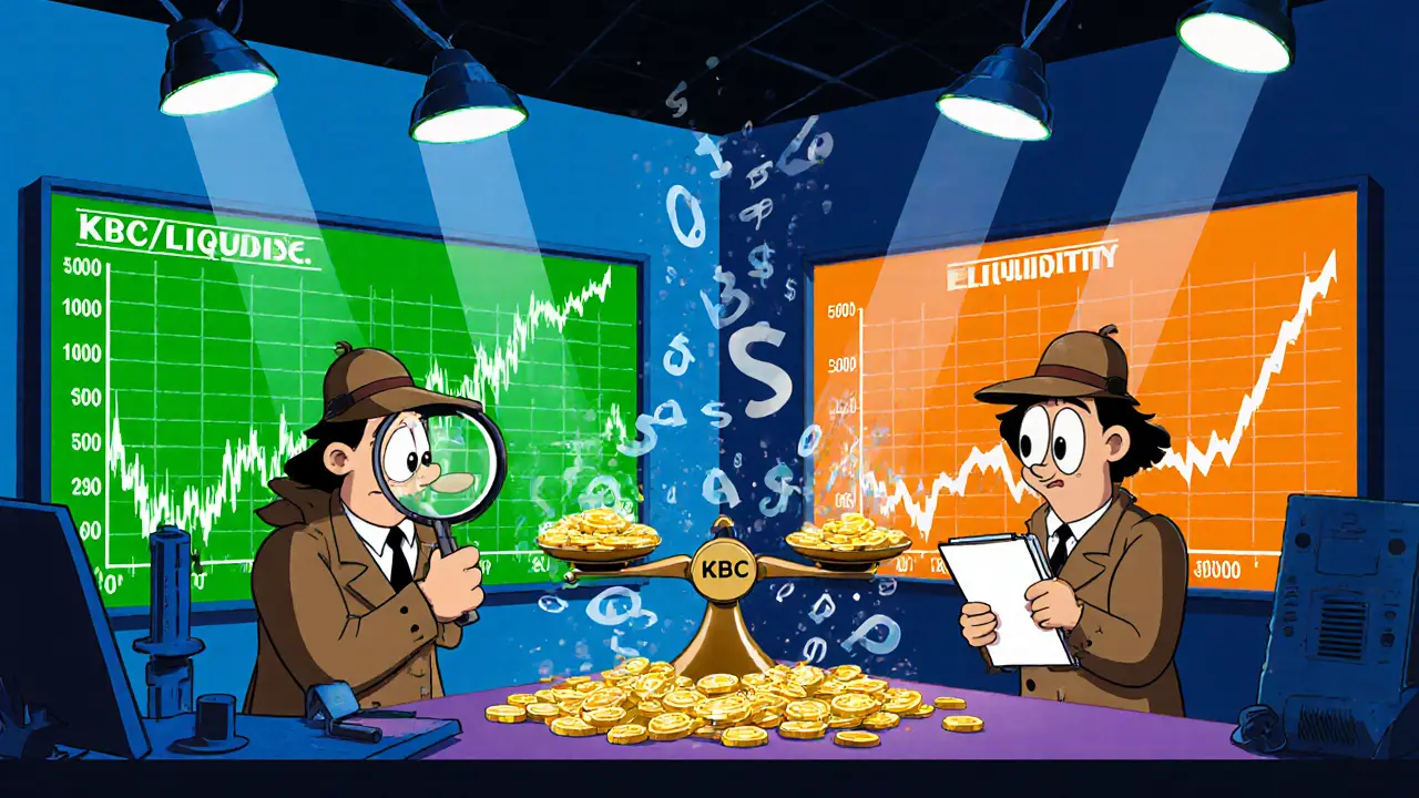 Cartoon detectives compare conflicting KBC price charts amid a broken liquidity scale.