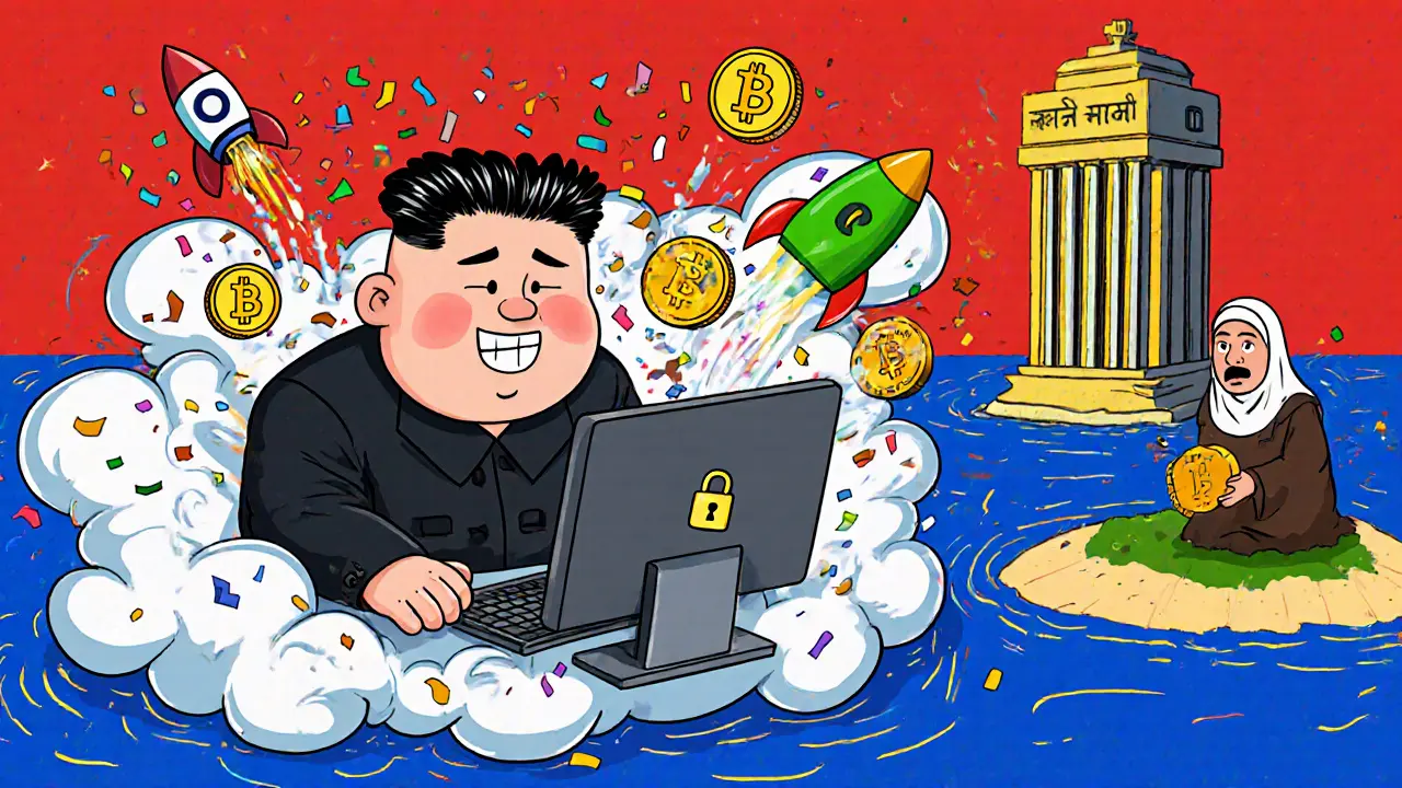 Cartoon hacker and Iranian user sending crypto amidst swirling mixer clouds and a locked bank backdrop.