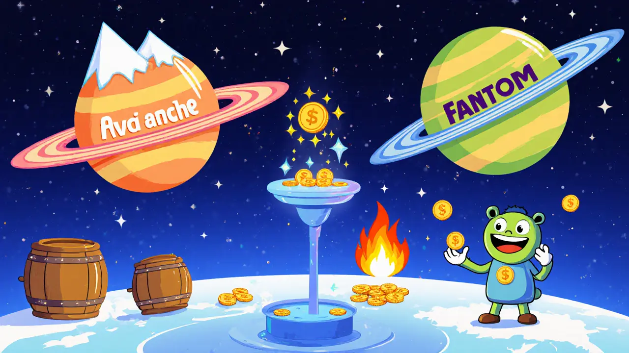 Cartoon planets Avalanche and Fantom connected by a bridge moving SOUL tokens with burning flames.