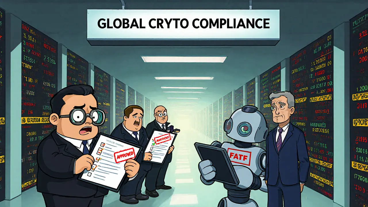 Cartoon regulators handing checklists to a nervous crypto exchange robot in a compliance hallway.
