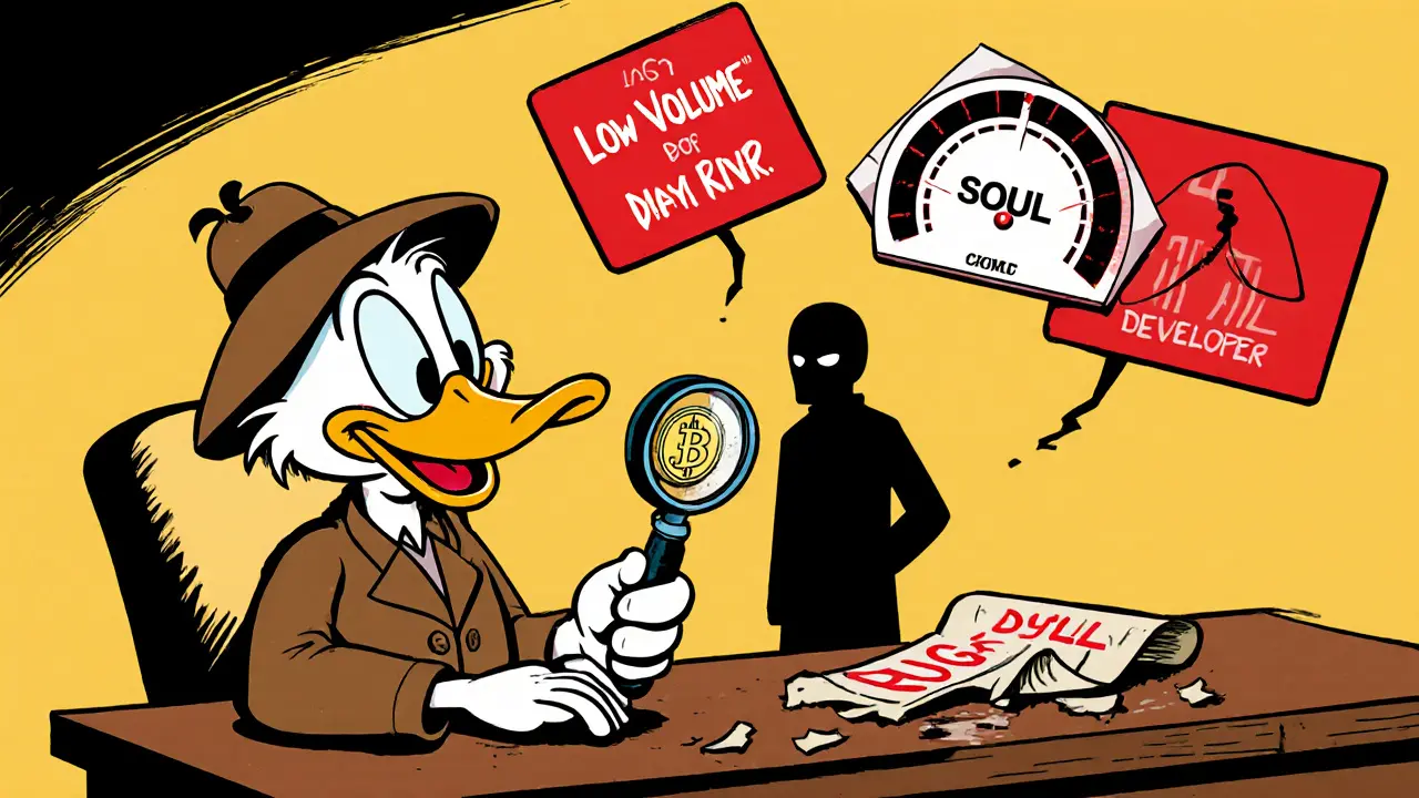 Detective duck inspecting a tiny SOUL coin surrounded by red warning signs.