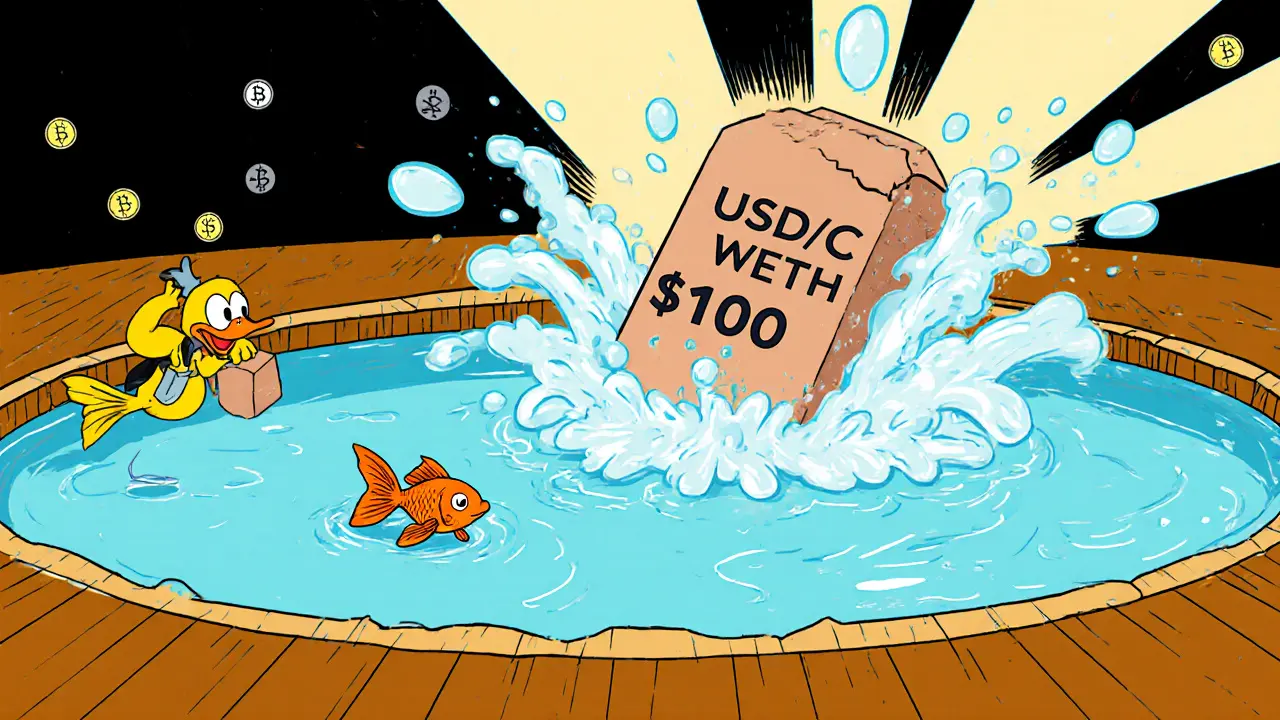 Duck pushing a big brick into a shallow pond, causing a huge splash over a tiny goldfish.