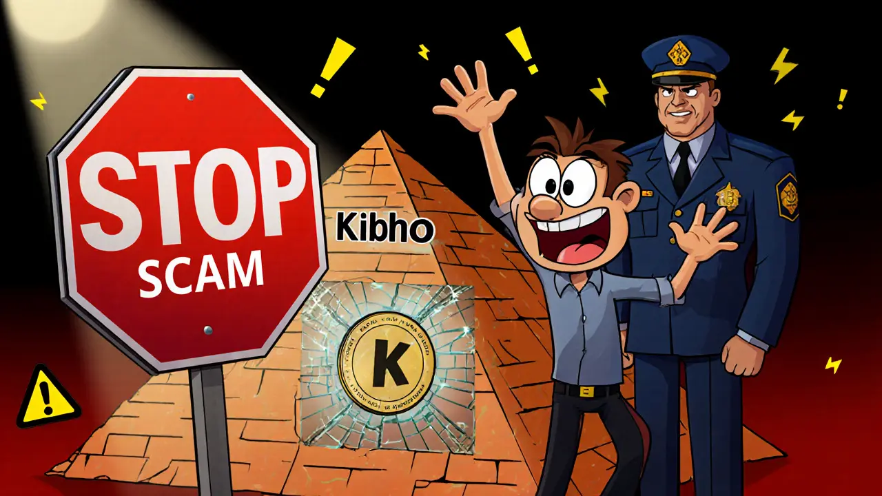 Investor stopped by FSCA officer holding a red "SCAM" sign beside a crumbling Kibho pyramid.