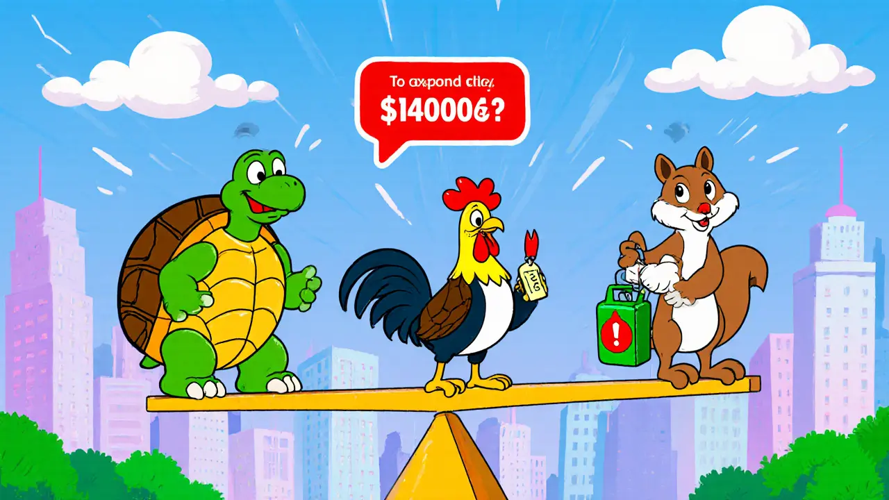 Turtle, rooster, and squirrel on a scale with a red exclamation mark above the squirrel.