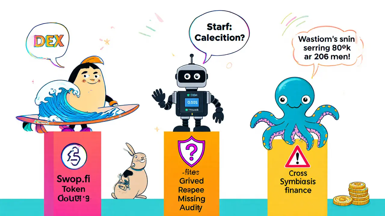 Whimsical DEX mascots compare Swop.fi, Uniswap, and Symbiosis with stats and cautious rabbit.