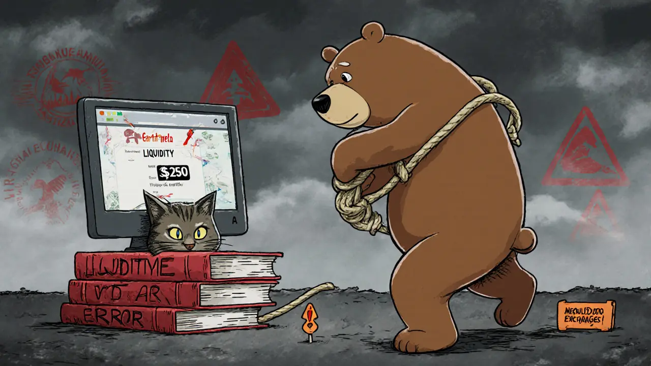 Bear tangled in low liquidity rope near broken website error.