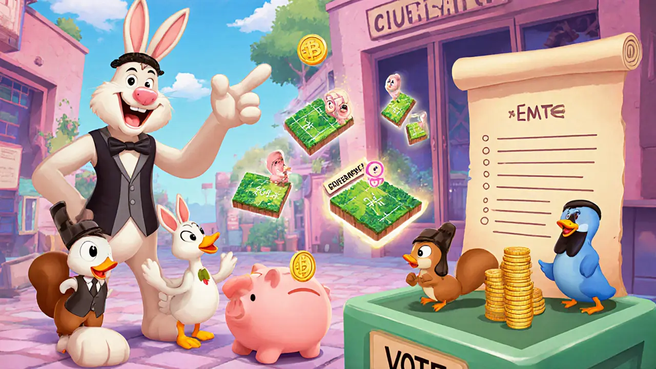 Cartoon characters buying NFT land parcels and staking EMT tokens.