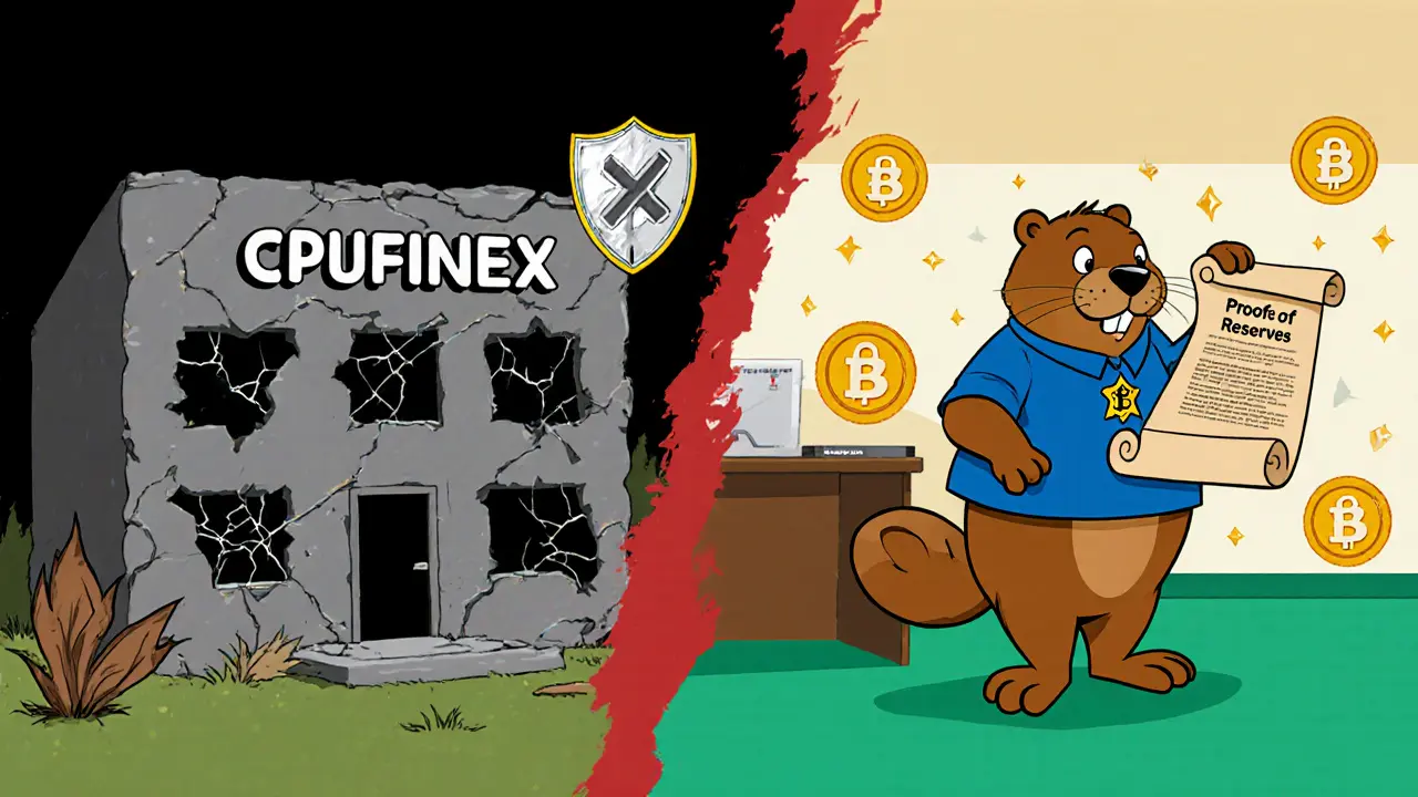 Cartoon comparison: crumbling CPUfinex building vs bright, secure CoinEx office with proof of reserves.