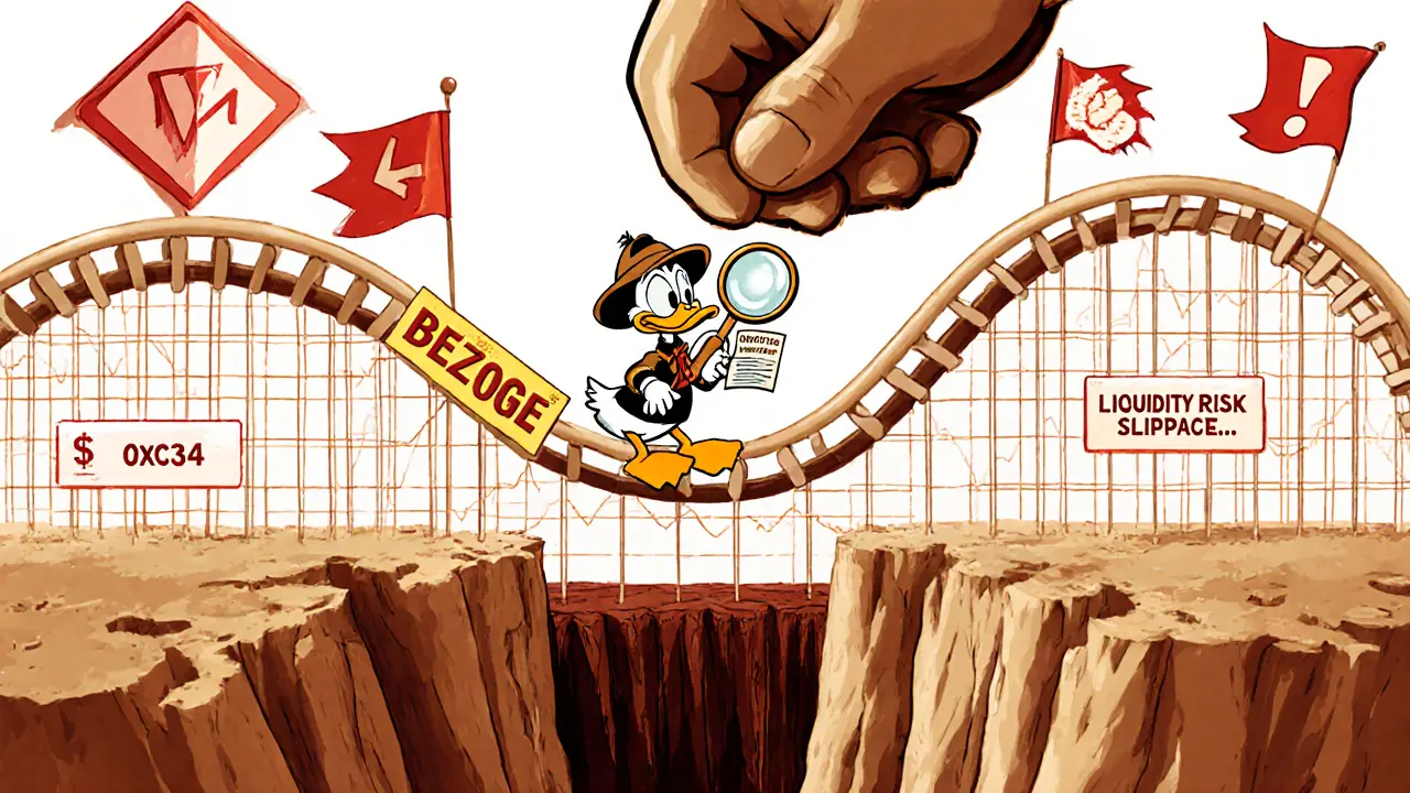 Cartoon detective duck on a volatile price roller coaster surrounded by warning flags.