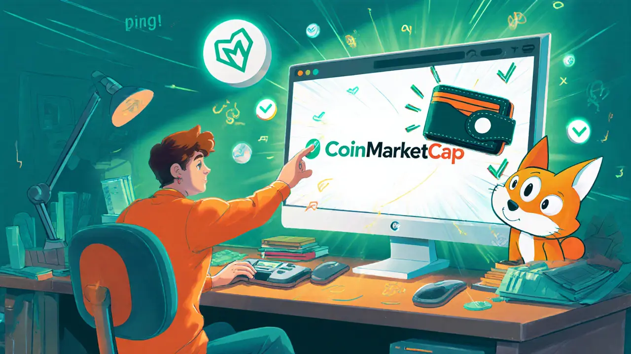 Cartoon gamer at a desk linking a wallet to a CoinMarketCap screen with checkmarks.