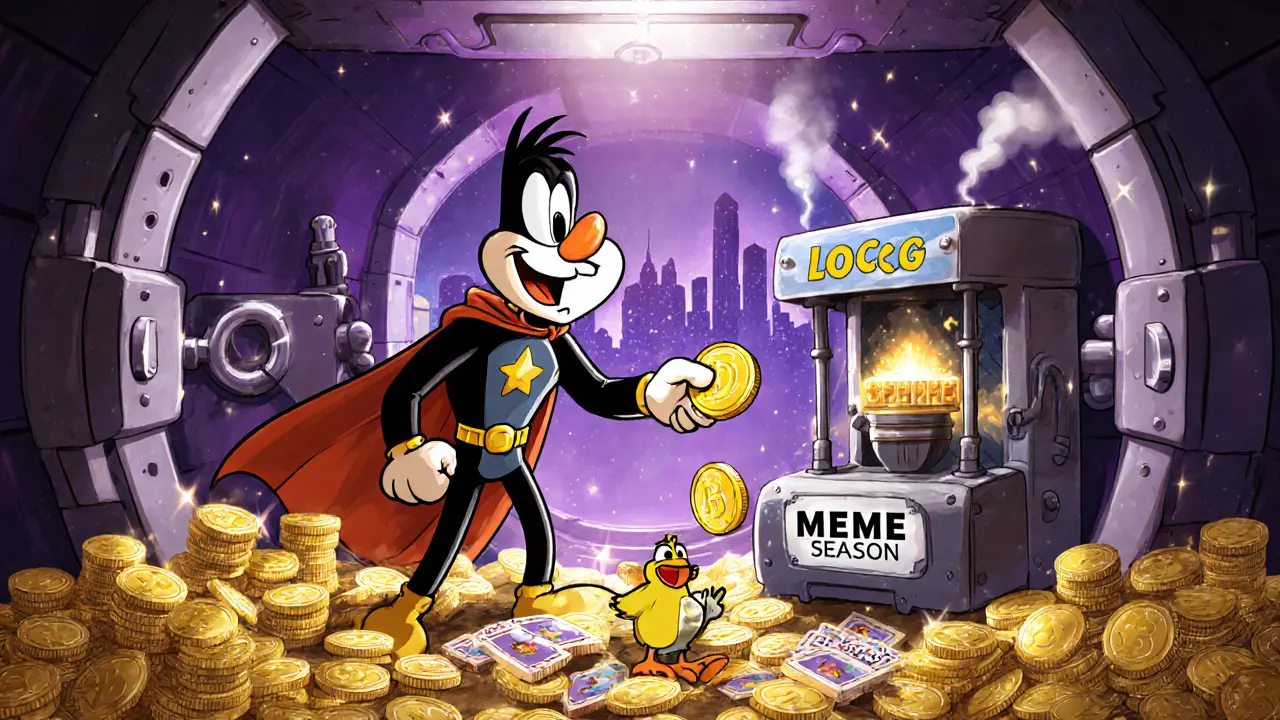 Cartoon hero in a vault using LOCG tokens to buy cards, stake, and vote.