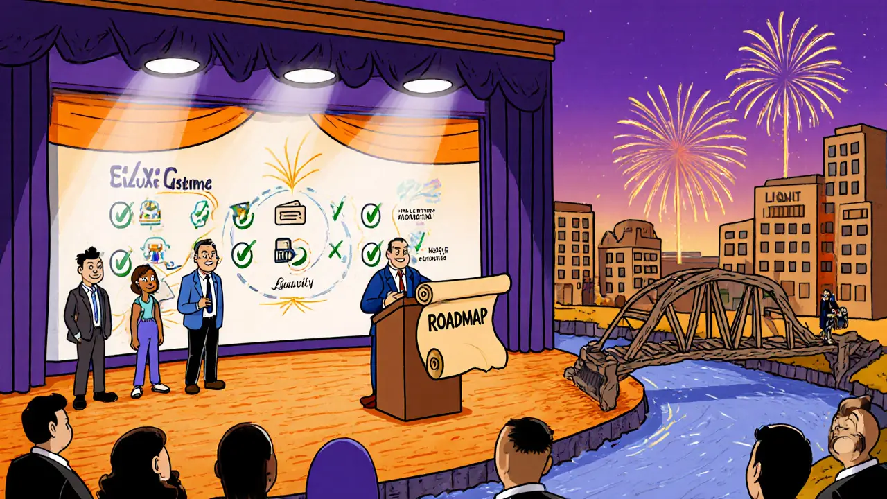 Cartoon investors at a town hall reviewing a roadmap and liquidity bridge, Looney Tunes style.