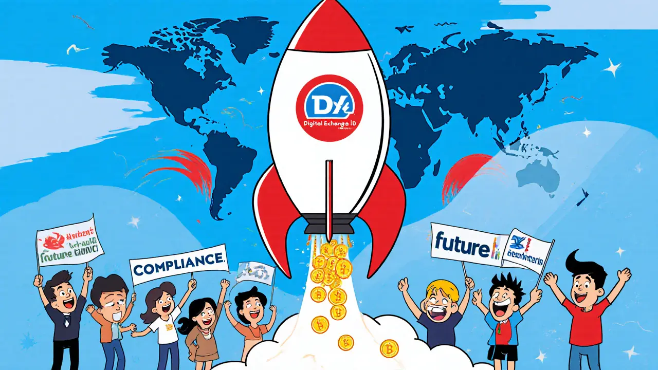Cartoon rocket shaped like digitalexchange.id launches from Indonesia with cheering crowd.