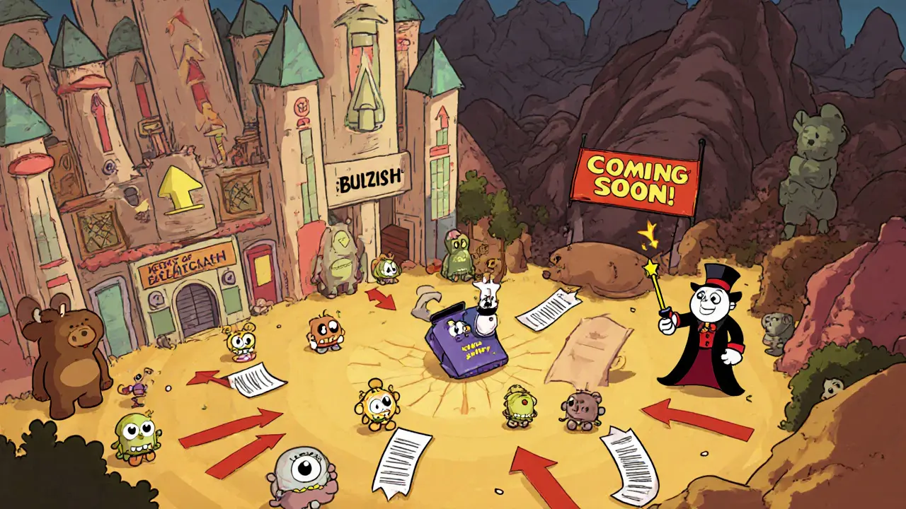 Cartoon sandbox world with Bullish City, Bear Market, and unfinished game sign.