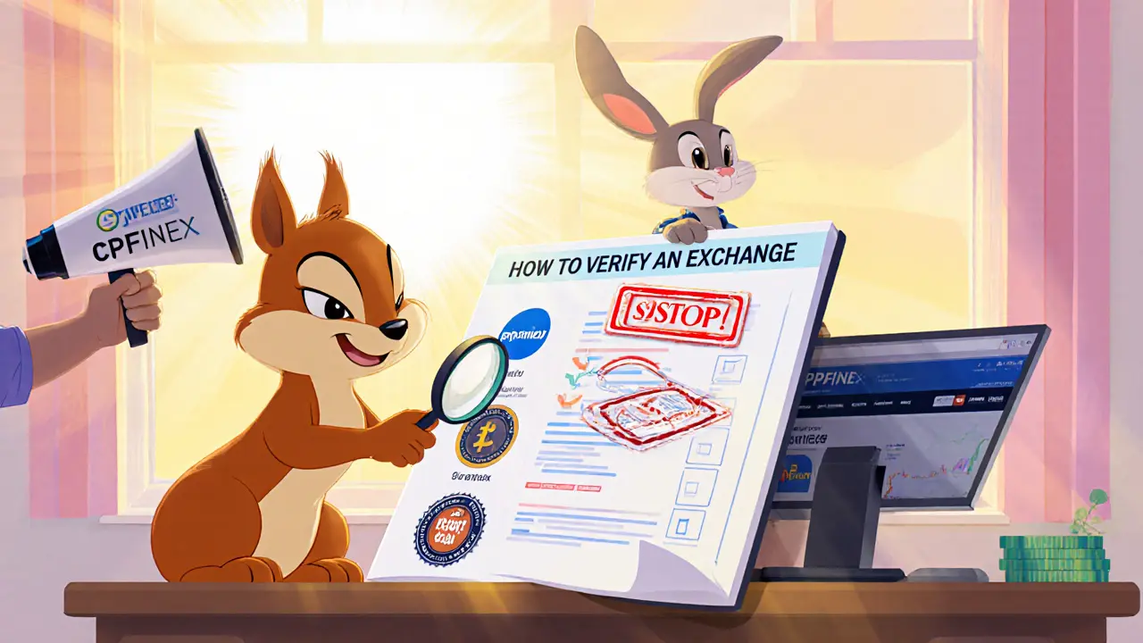 Cartoon squirrel uses a checklist to verify exchanges, stamping a CPUfinex page with a red STOP sign.