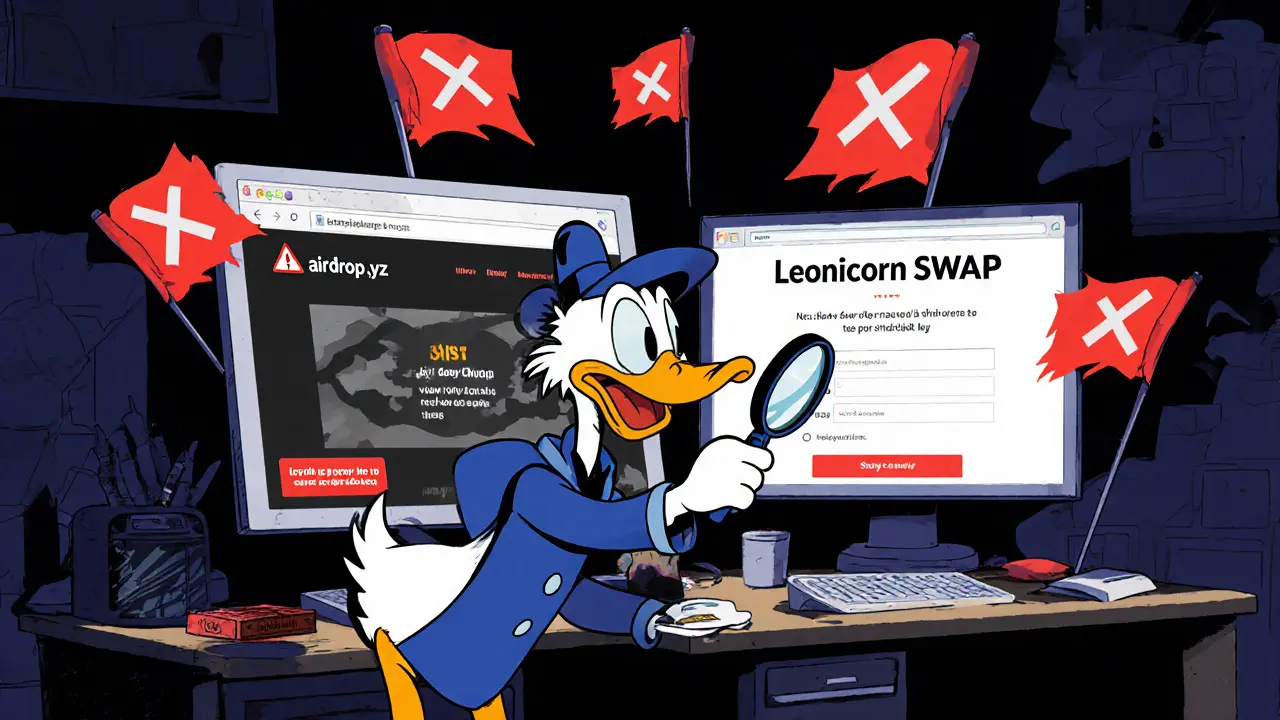 Detective duck inspecting fake airdrop website with red warning signs and official portal.