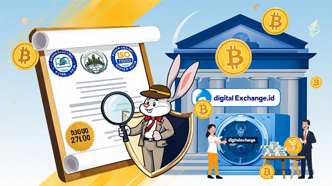 Looney Tunes detective rabbit shows ISO 27001 shield and compliance certificates beside a bank.