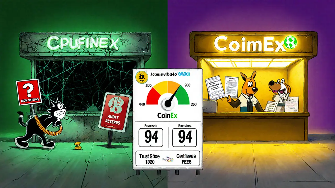 Split‑screen cartoon shows shady CPUfinex booth vs. bright, trustworthy CoinEx kiosk with metric board.