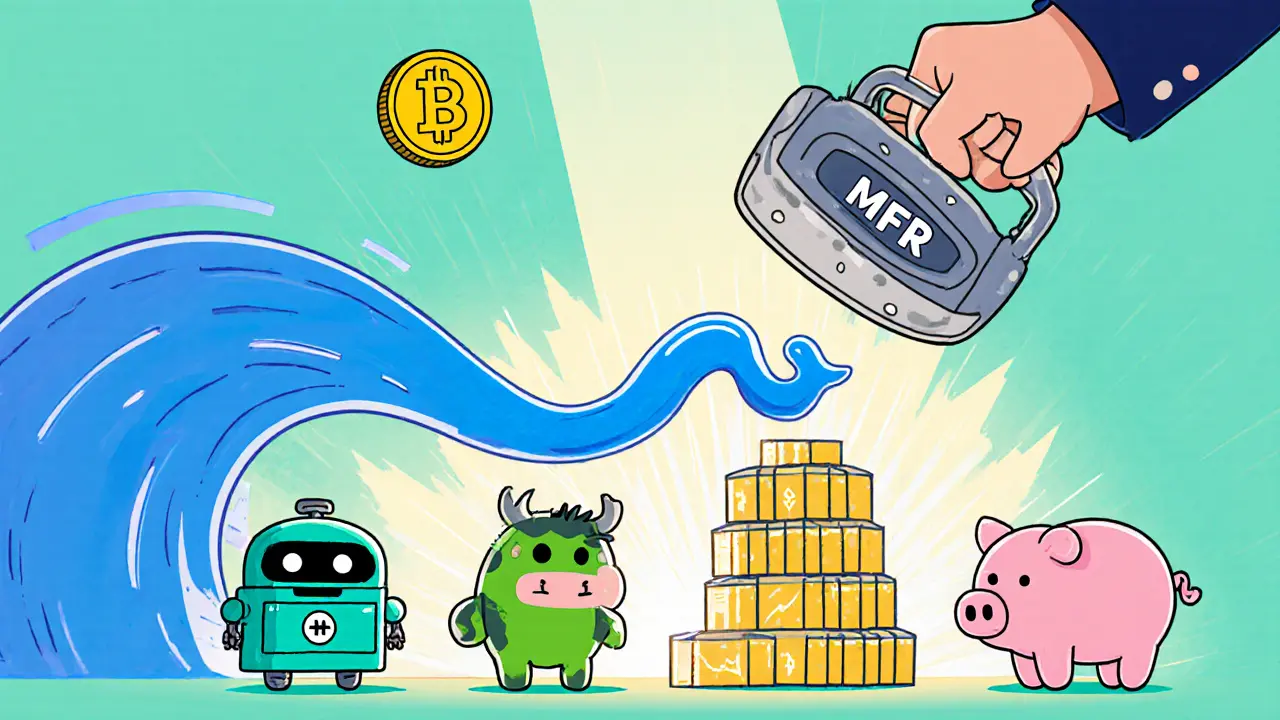 Stablecoin mascots stacking blocks under a lever raising LUA's floor price, Looney Tunes style.