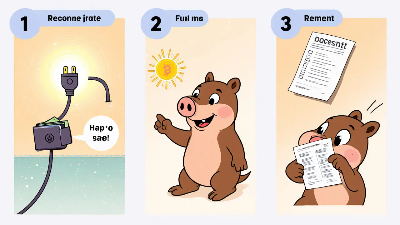 Weasel guiding a user through wallet connection, claim confirmation, and tax filing steps.