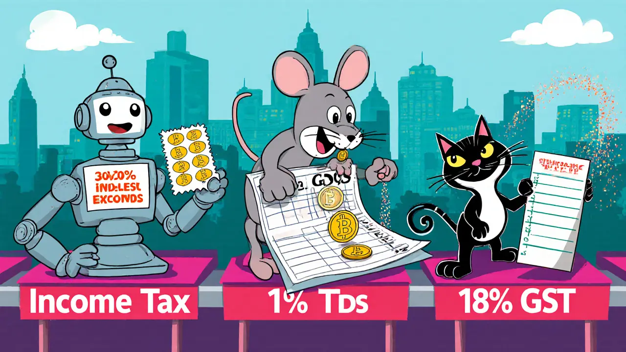 Animated assembly line showing 30% income tax, 1% TDS, and 18% GST applied to Bitcoin symbols.