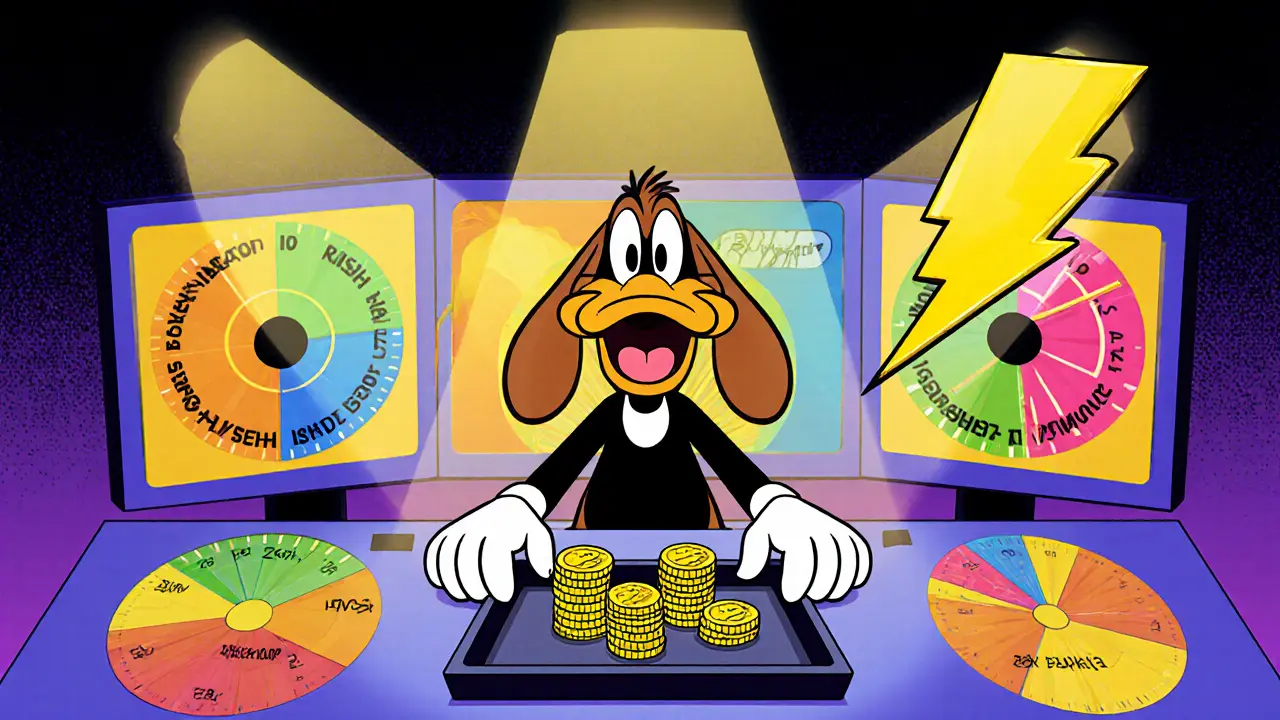 Beagle operator balances AVS tokens at a risk console with slashing warning in cartoon style.