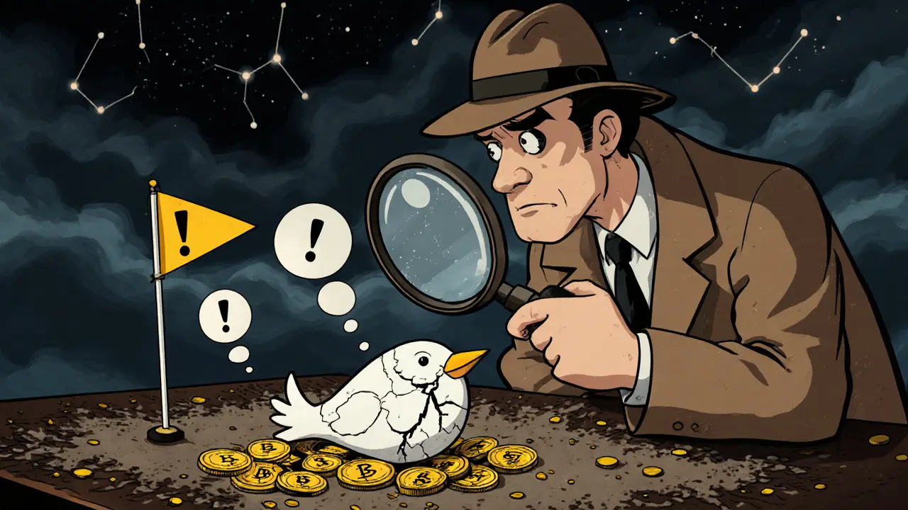 Cartoon detective examines a cracked bird token amid warning symbols on a dark table.