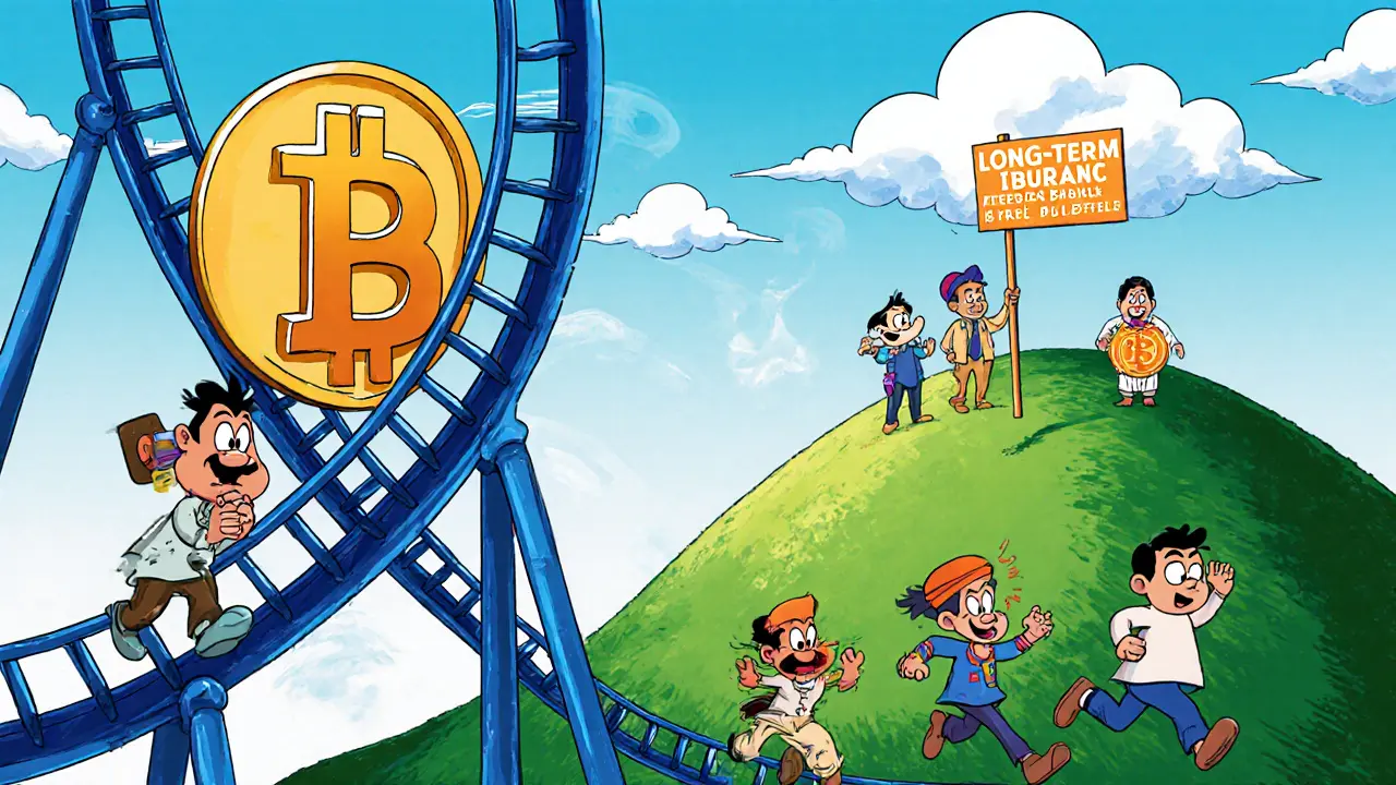 Cartoon roller‑coaster shaped like Bitcoin with traders reacting, some moving to foreign platforms.