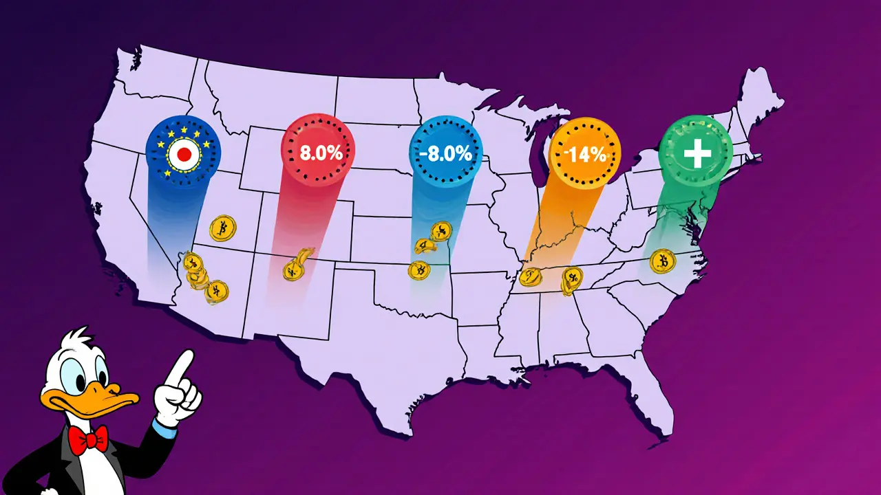 Cartoon world map showing volume decline gauges for US, EU, Japan, India, and Switzerland.