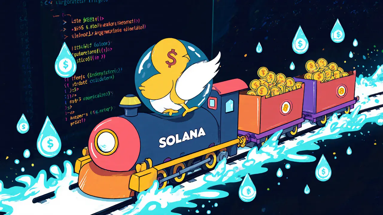 Fast Solana rocket train carries a wobbling bird token with tiny dollar droplets spilling off.