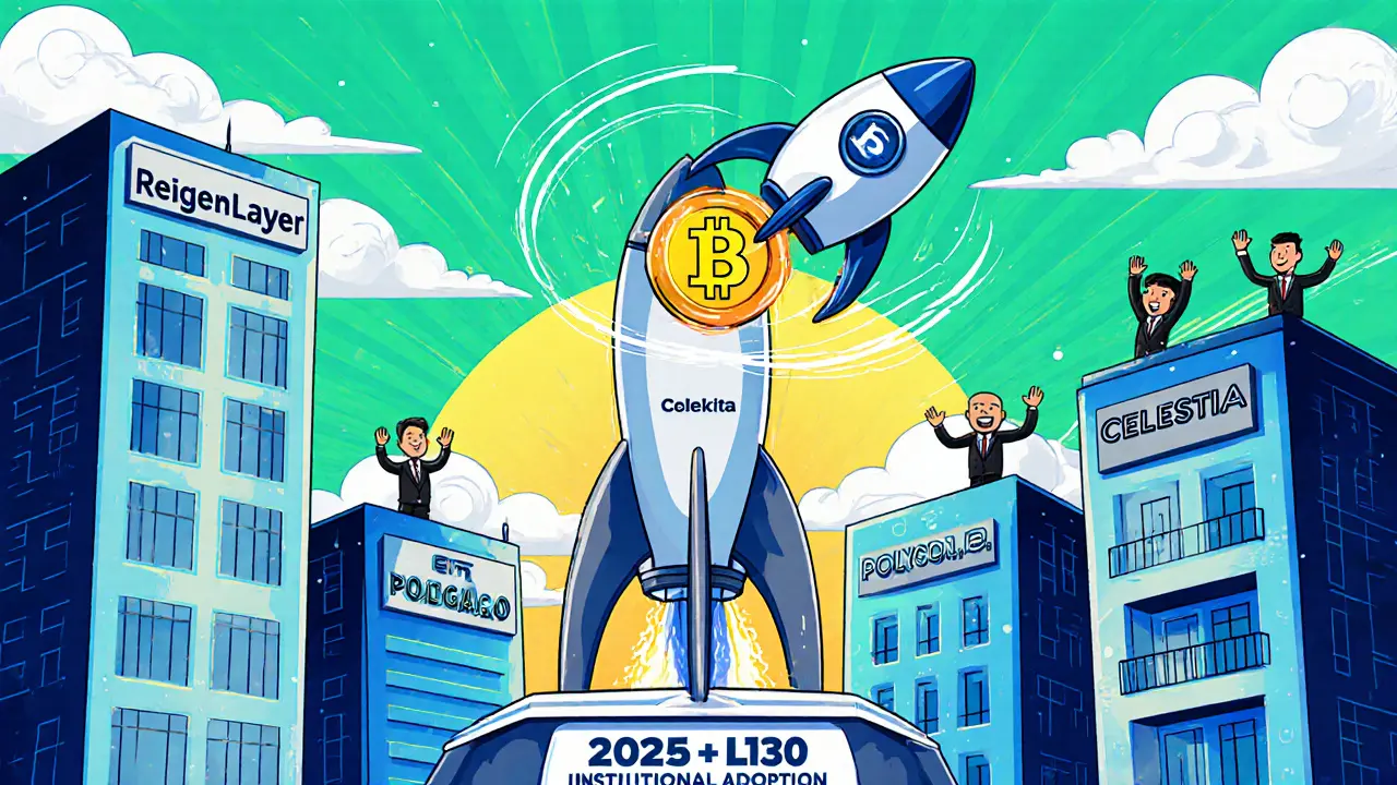 Futuristic cartoon city shows restaking towers, AI robot, and rocket launch.