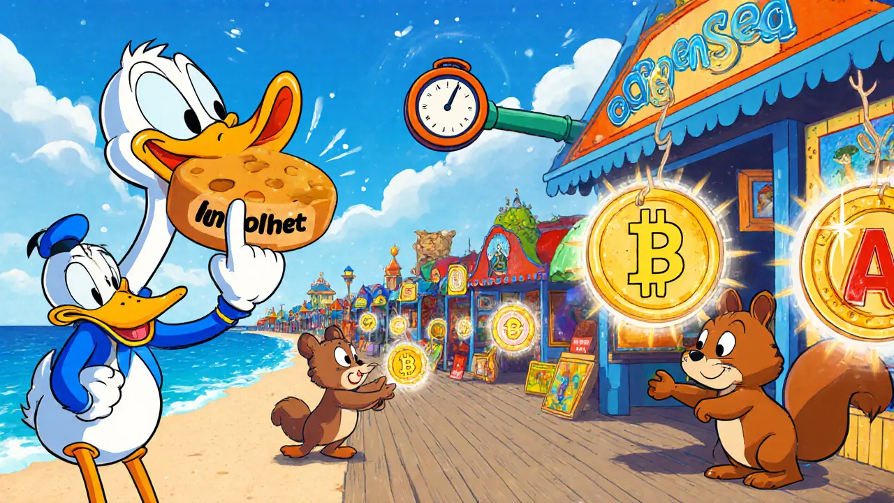 Looney Tunes style marketplace with NFT art frames, duck connecting wallet, and low gas meter.