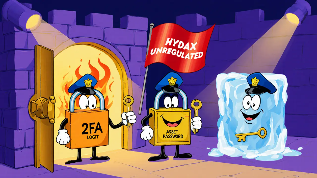 Playful fortress shows 2FA locks, hot and cold wallets, and unregulated red flag.